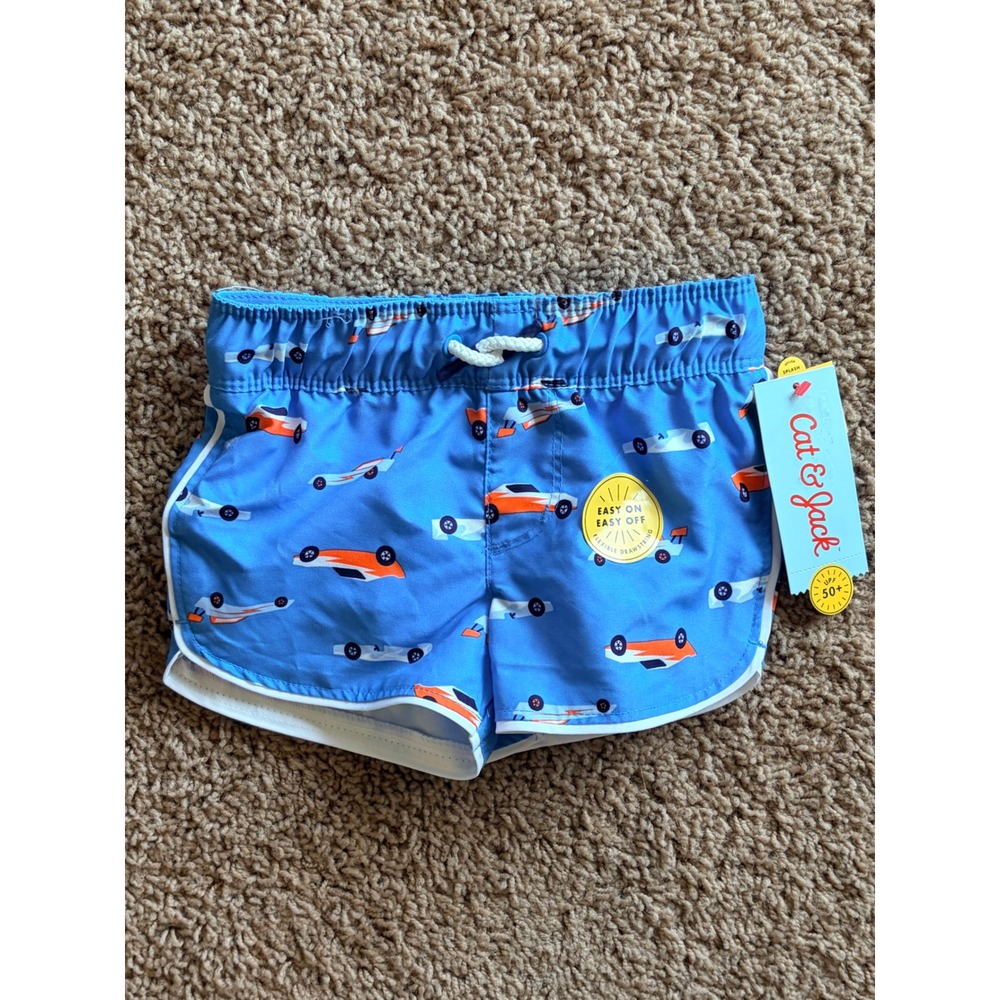 Cat & Jack Blue Racecar Mesh Lined Swim Trunks Shorts Baby Boy 12M NEW NWT